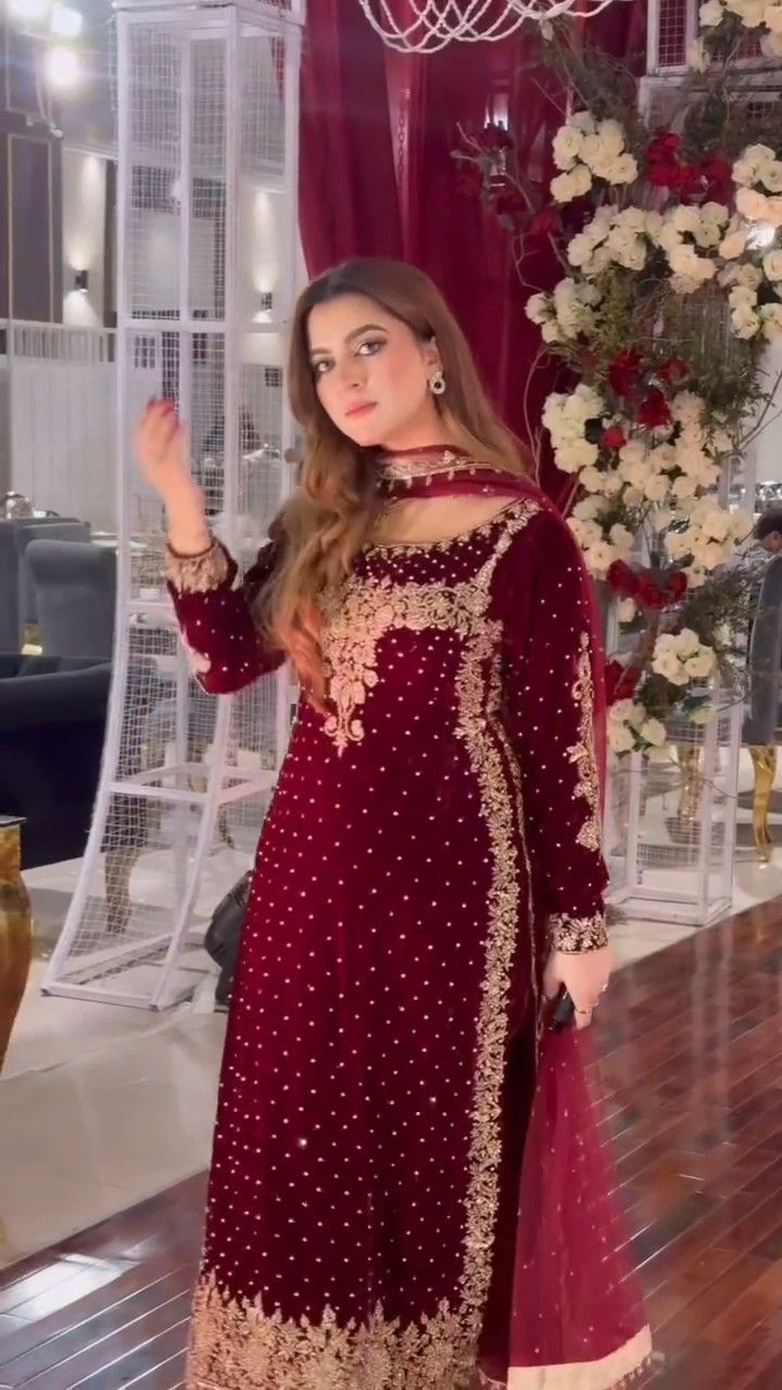 Maroon Velvet Embroidered Formal Dress – Luxury Party Wear for Weddings & Festive Events