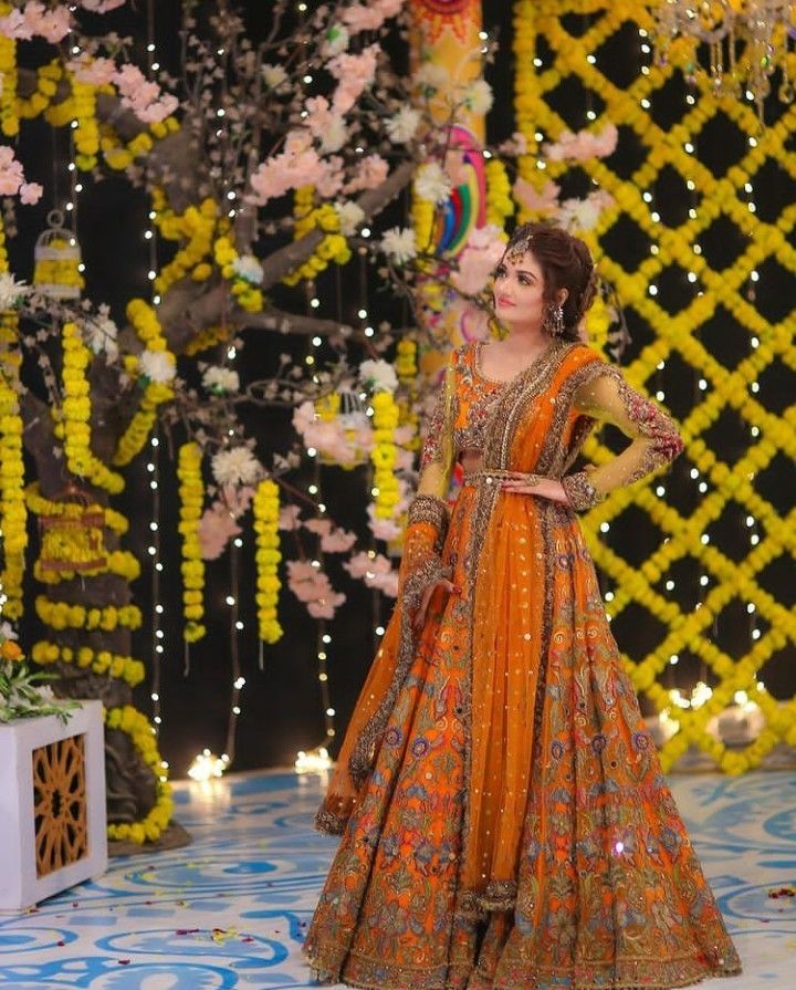Orange Mehndi Lehenga Choli – Heavy Embroidered Mirror Work Dress for Mehndi, Mayoon & Festive Events