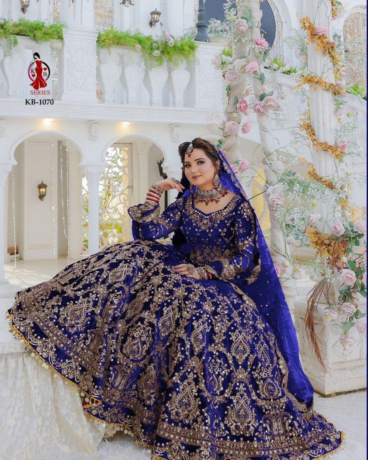 Radiate royal elegance in this stunning royal blue bridal lehenga,