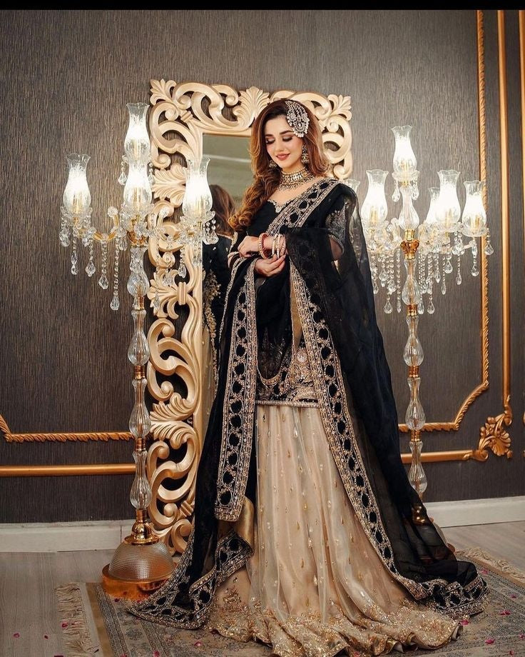 Black & Gold Luxury Formal Lehenga – Designer Pakistani Party Wear Dress with Heavy Embroidery