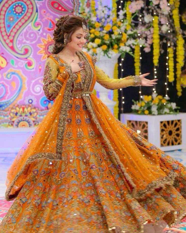 Orange Mehndi Lehenga Choli – Heavy Embroidered Mirror Work Dress for Mehndi, Mayoon & Festive Events