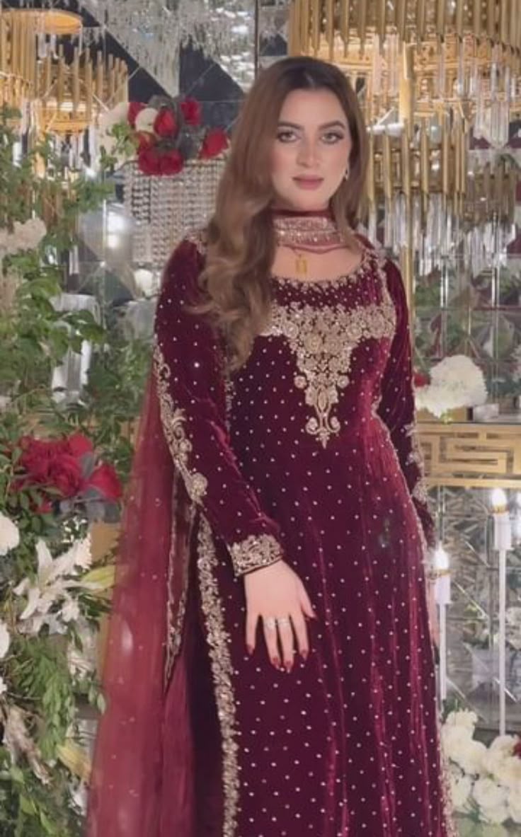 Maroon Velvet Embroidered Formal Dress – Luxury Party Wear for Weddings & Festive Events