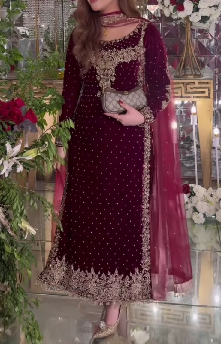 Maroon Velvet Embroidered Formal Dress – Luxury Party Wear for Weddings & Festive Events