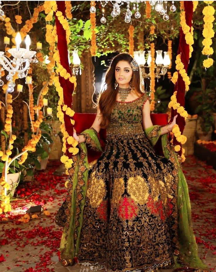 Emerald Green and Black Mehndi Dress | Luxury Hand-Embroidered Lehenga for Wedding Festivities by Maahveen