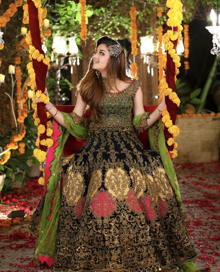 Emerald Green and Black Mehndi Dress | Luxury Hand-Embroidered Lehenga for Wedding Festivities by Maahveen